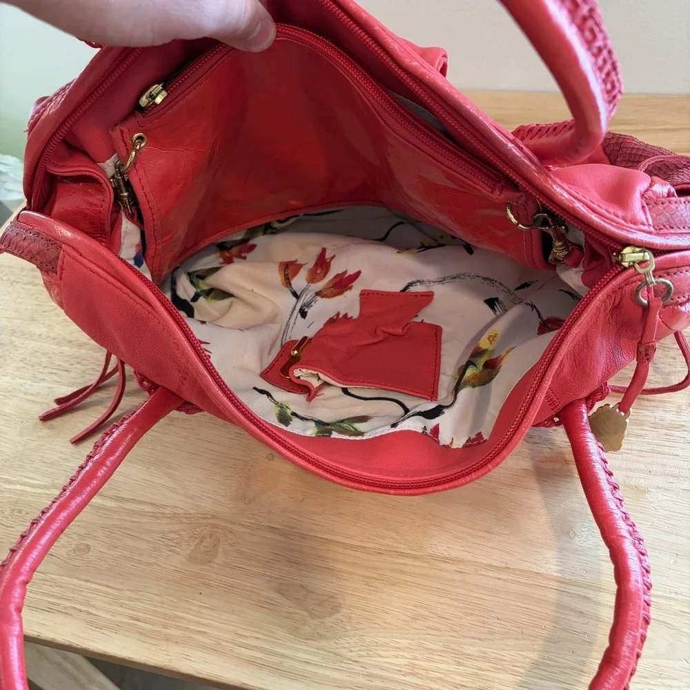 CHI Leather Bag‎ Falchi Red Lamb Skin & Snakeskin HOBO Shoulder Purse Handbag